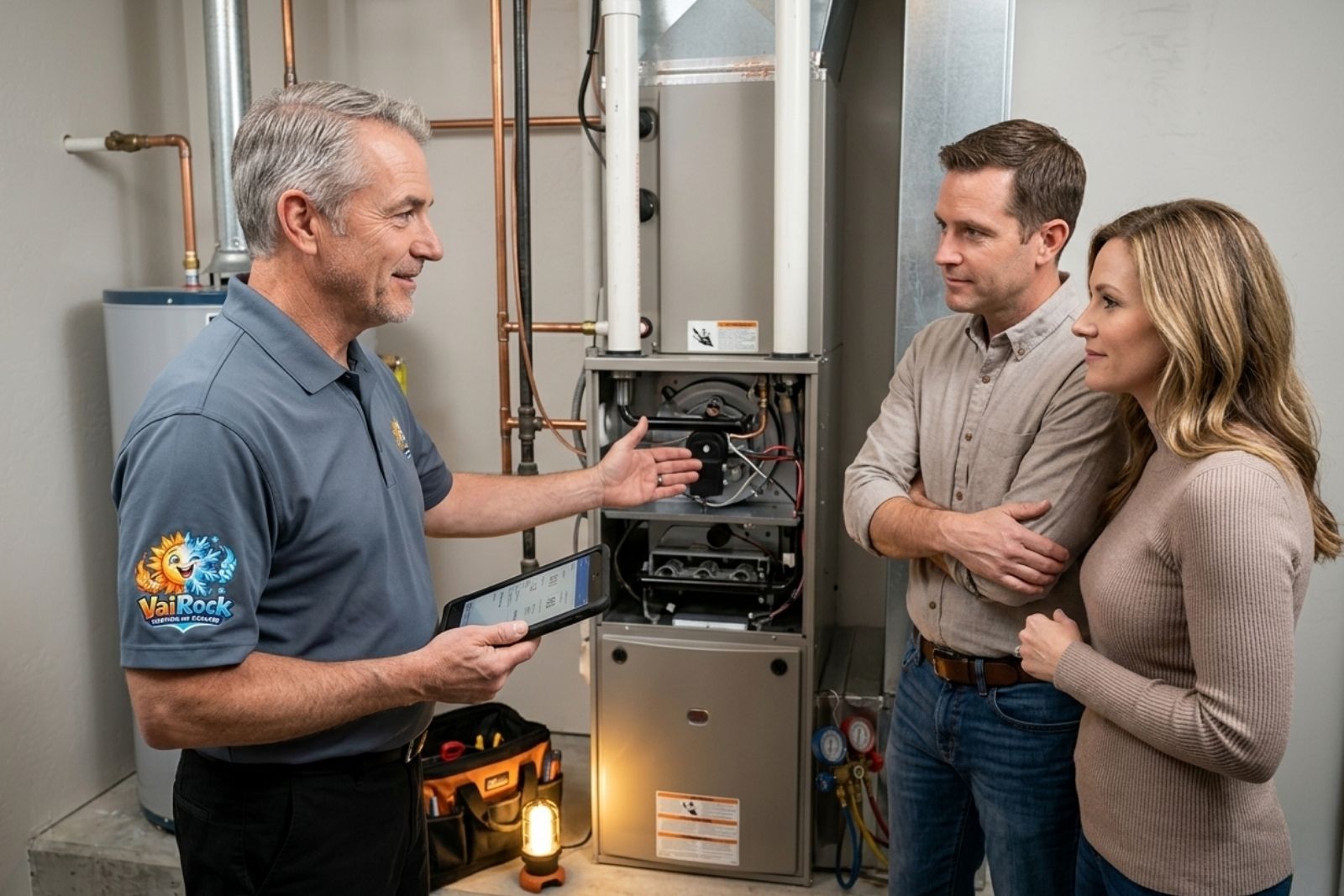 VaiRock technician explaining furnace diagnostics to homeowners